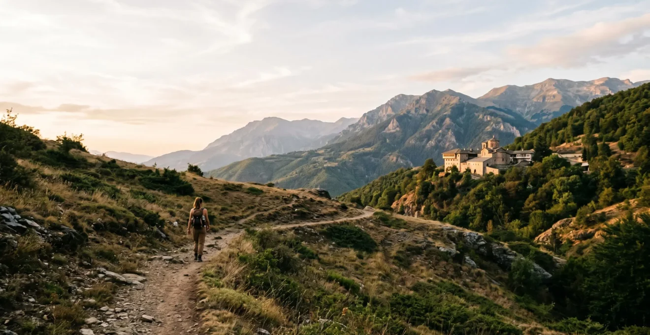 Mountain trail winding through Macedonian wilderness with distant monastery visible on hillside under golden hour light