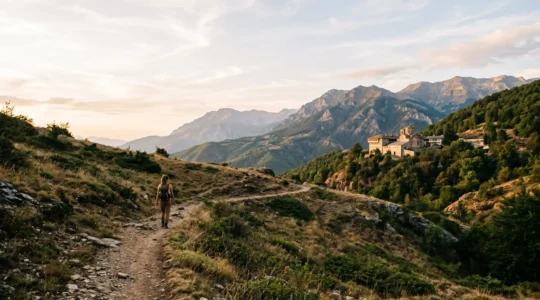 Mountain trail winding through Macedonian wilderness with distant monastery visible on hillside under golden hour light