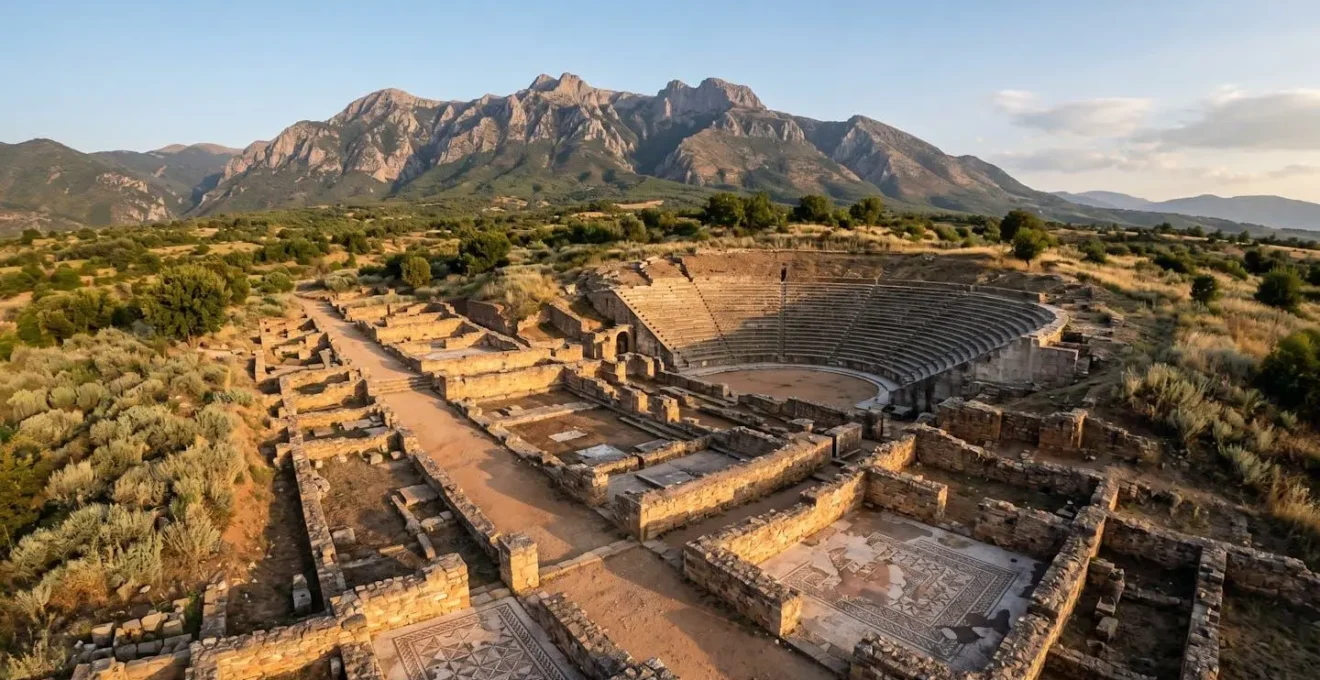 Ancient Roman mosaic floor with intricate animal motifs at archaeological site with mountains in background
