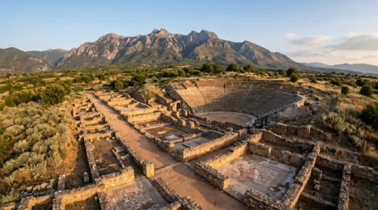 Ancient Roman mosaic floor with intricate animal motifs at archaeological site with mountains in background