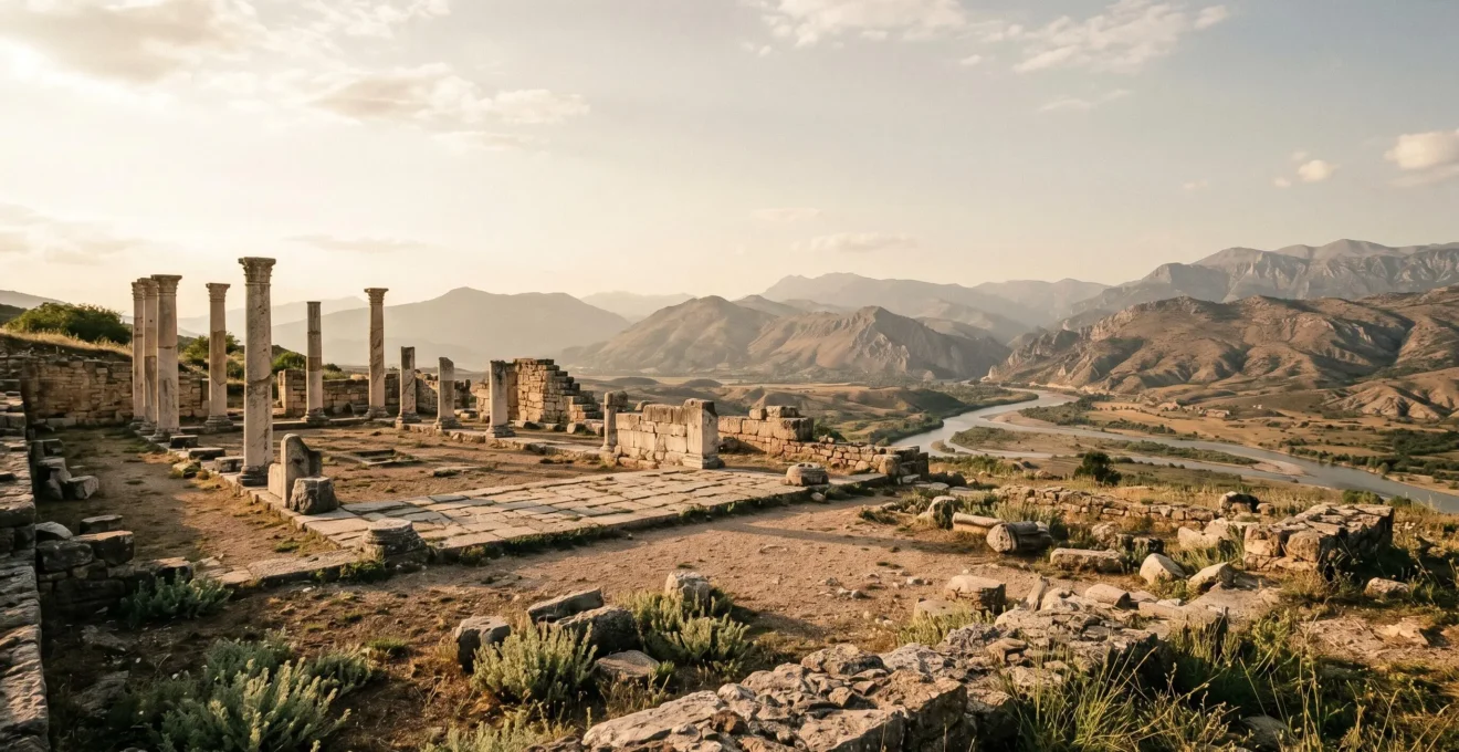 Ancient Roman stone ruins with intricate mosaic patterns under golden afternoon light in North Macedonia