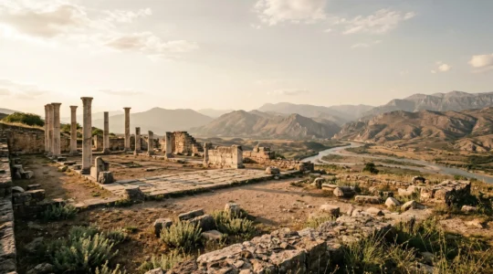 Ancient Roman stone ruins with intricate mosaic patterns under golden afternoon light in North Macedonia