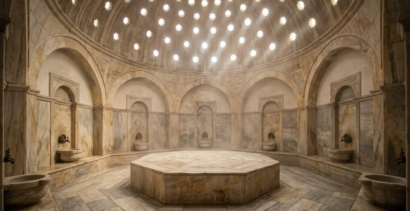 Traditional Ottoman-era marble steam chamber with characteristic domed ceiling and star-shaped light openings in an authentic Macedonian hamam setting