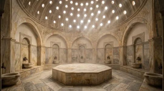 Traditional Ottoman-era marble steam chamber with characteristic domed ceiling and star-shaped light openings in an authentic Macedonian hamam setting