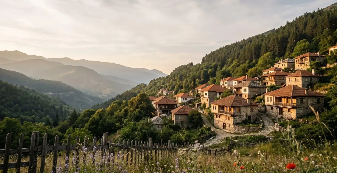 Traditional Macedonian stone house with wooden details nestled in mountain landscape at golden hour