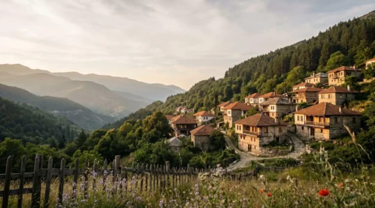 Traditional Macedonian stone house with wooden details nestled in mountain landscape at golden hour