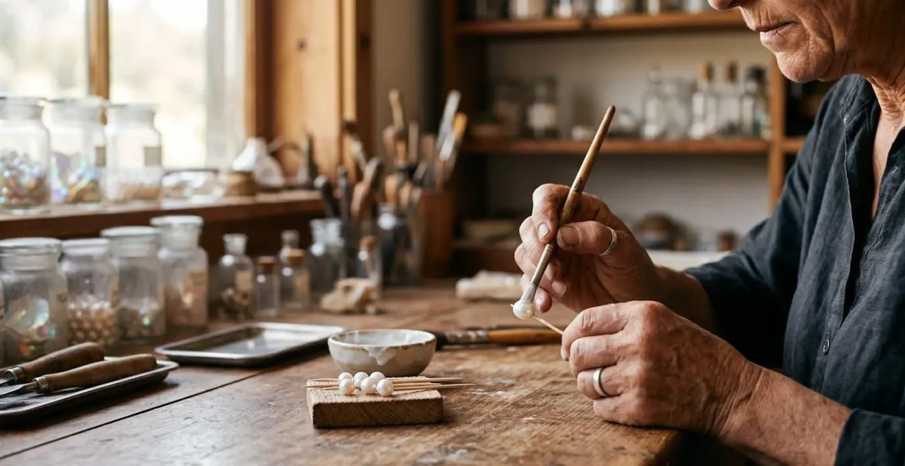 Artisan hands crafting authentic Ohrid pearls using traditional techniques with natural fish scale emulsion in historical Macedonian workshop