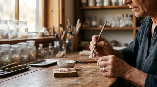 Artisan hands crafting authentic Ohrid pearls using traditional techniques with natural fish scale emulsion in historical Macedonian workshop