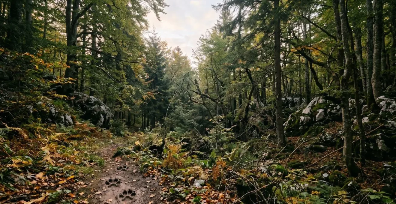 Critically endangered Balkan lynx moving through dense mountainous forest in the Balkans
