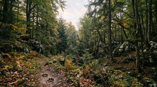 Critically endangered Balkan lynx moving through dense mountainous forest in the Balkans