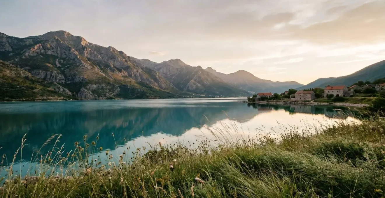 Dramatic wide panoramic view of Balkan mountain landscape with pristine lake waters and ancient architecture along the shore at golden hour