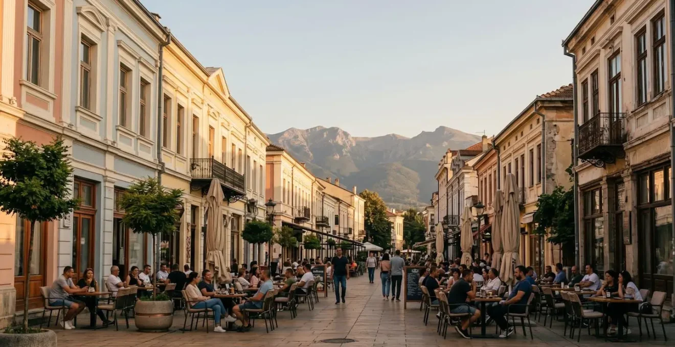 Elegant neoclassical architecture and sidewalk cafes along Bitola's historic pedestrian street with mountain backdrop