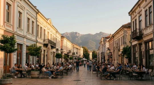 Elegant neoclassical architecture and sidewalk cafes along Bitola's historic pedestrian street with mountain backdrop