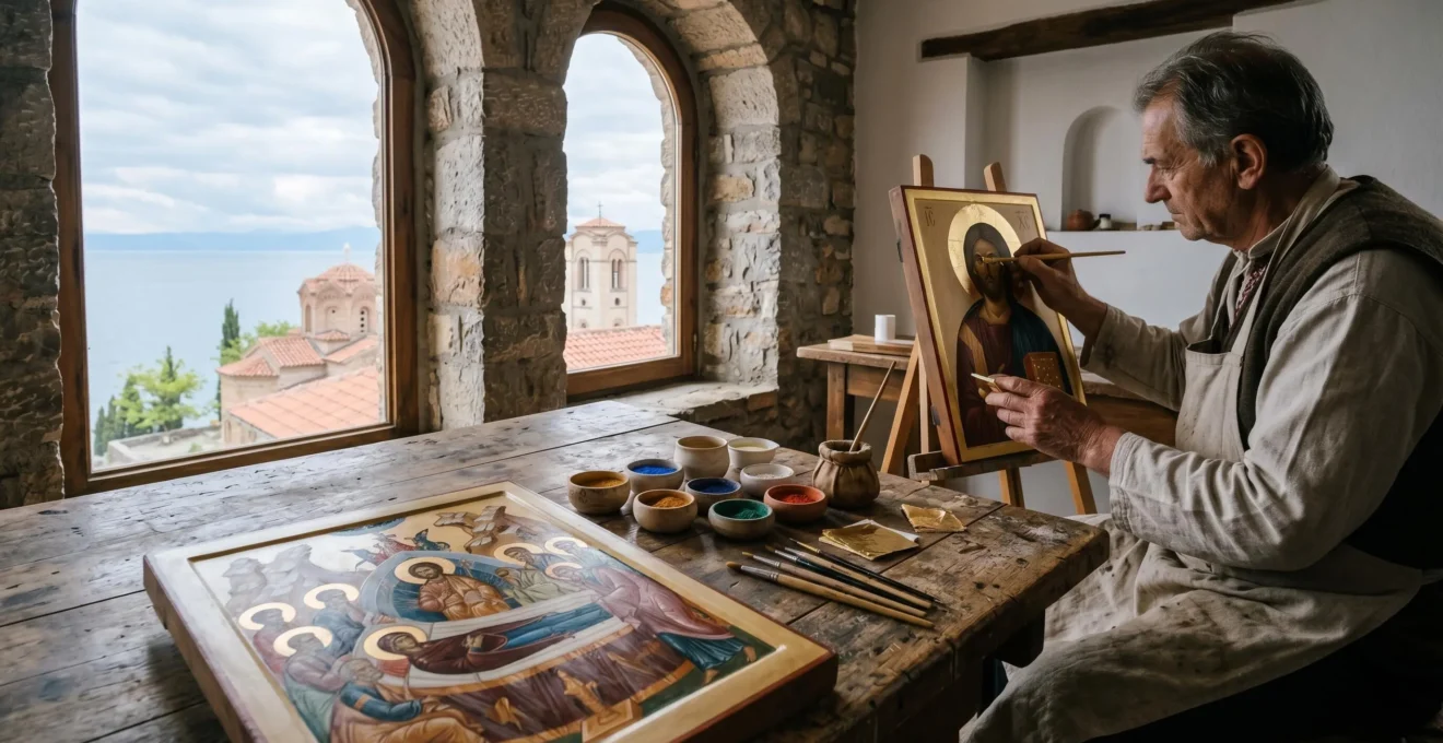 Traditional Byzantine icon painting workshop in historic Ohrid setting with artisan creating religious artwork