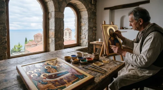 Traditional Byzantine icon painting workshop in historic Ohrid setting with artisan creating religious artwork