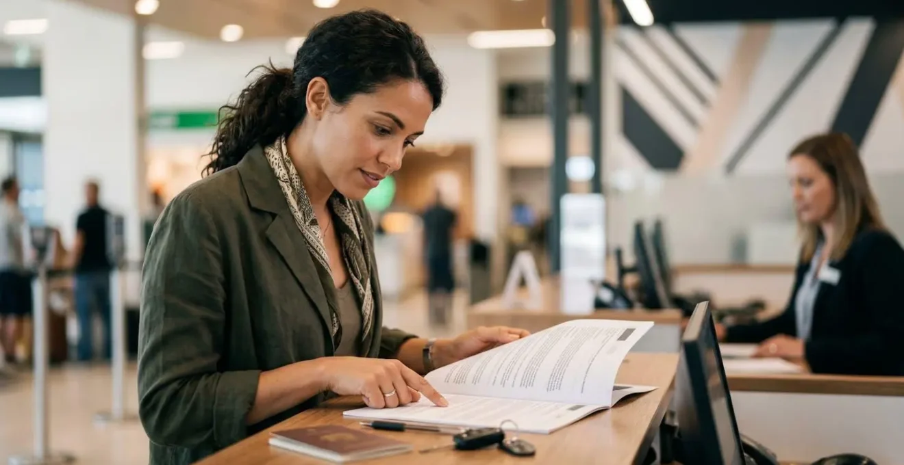 Professional traveler reviewing car rental documents at modern airport counter with natural light