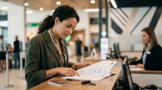 Professional traveler reviewing car rental documents at modern airport counter with natural light