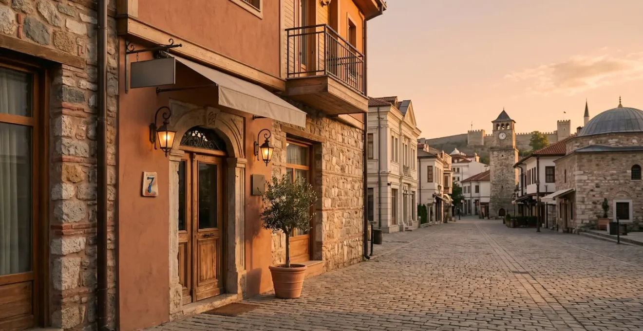 Boutique hotel entrance in central Skopje with pedestrian-friendly streets and historic architecture