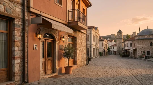Boutique hotel entrance in central Skopje with pedestrian-friendly streets and historic architecture