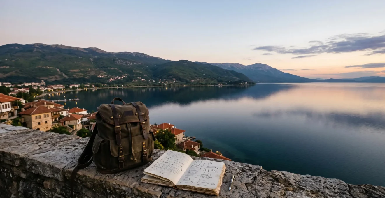 Traveler planning accommodation choices in North Macedonia lakeside setting