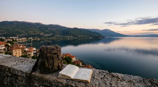 Traveler planning accommodation choices in North Macedonia lakeside setting
