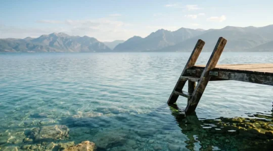 Pristine turquoise waters of Lake Ohrid with mountain backdrop and sun reflection creating natural clarity