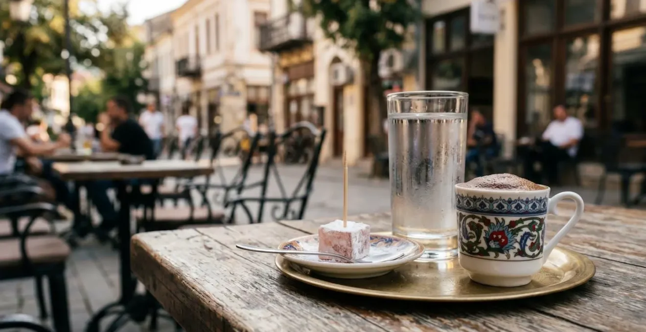 Traditional Turkish coffee ceremony in North Macedonia with small porcelain cup, water glass, and Turkish delight