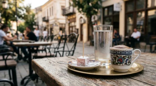 Traditional Turkish coffee ceremony in North Macedonia with small porcelain cup, water glass, and Turkish delight