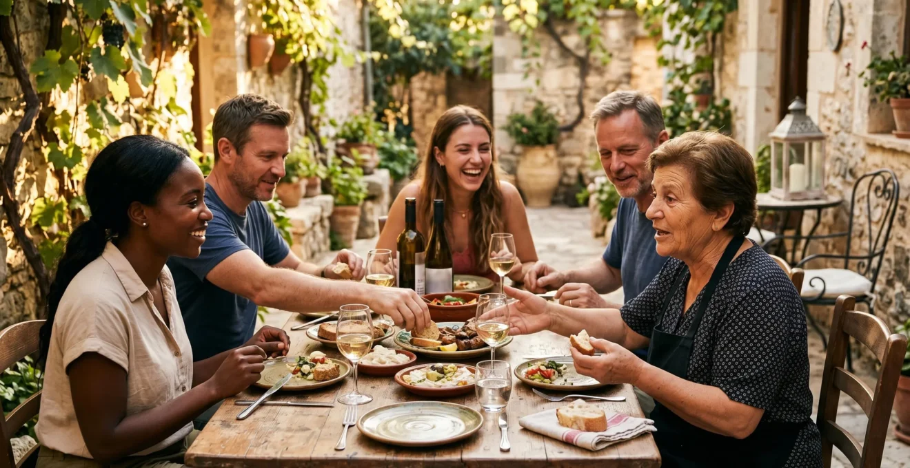 Small group of travelers sharing authentic local food during guided culinary tour