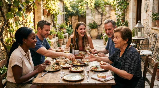 Small group of travelers sharing authentic local food during guided culinary tour