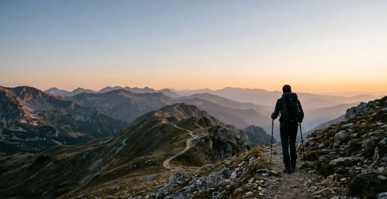 Solo hiker with backpack walking along dramatic mountain ridge in Balkan wilderness during golden hour