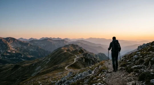 Solo hiker with backpack walking along dramatic mountain ridge in Balkan wilderness during golden hour