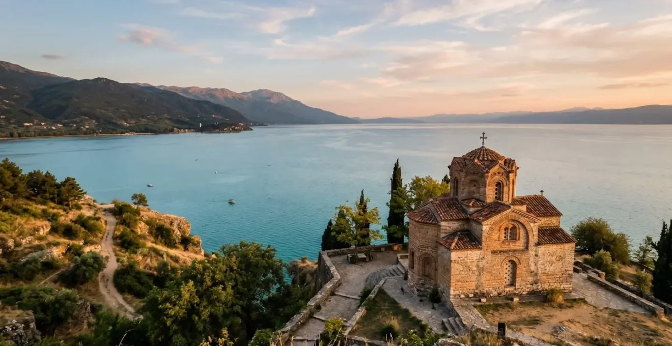 Byzantine church interior with dramatic fresco details and Orthodox architectural elements in Macedonia