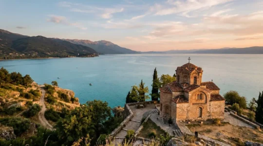 Byzantine church interior with dramatic fresco details and Orthodox architectural elements in Macedonia