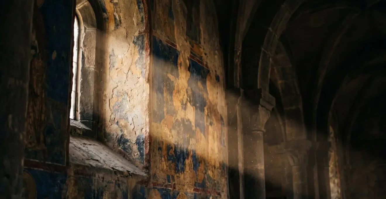 Byzantine fresco art detail showing emotional medieval religious painting in historic Macedonian church