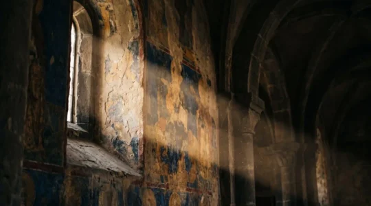 Byzantine fresco art detail showing emotional medieval religious painting in historic Macedonian church