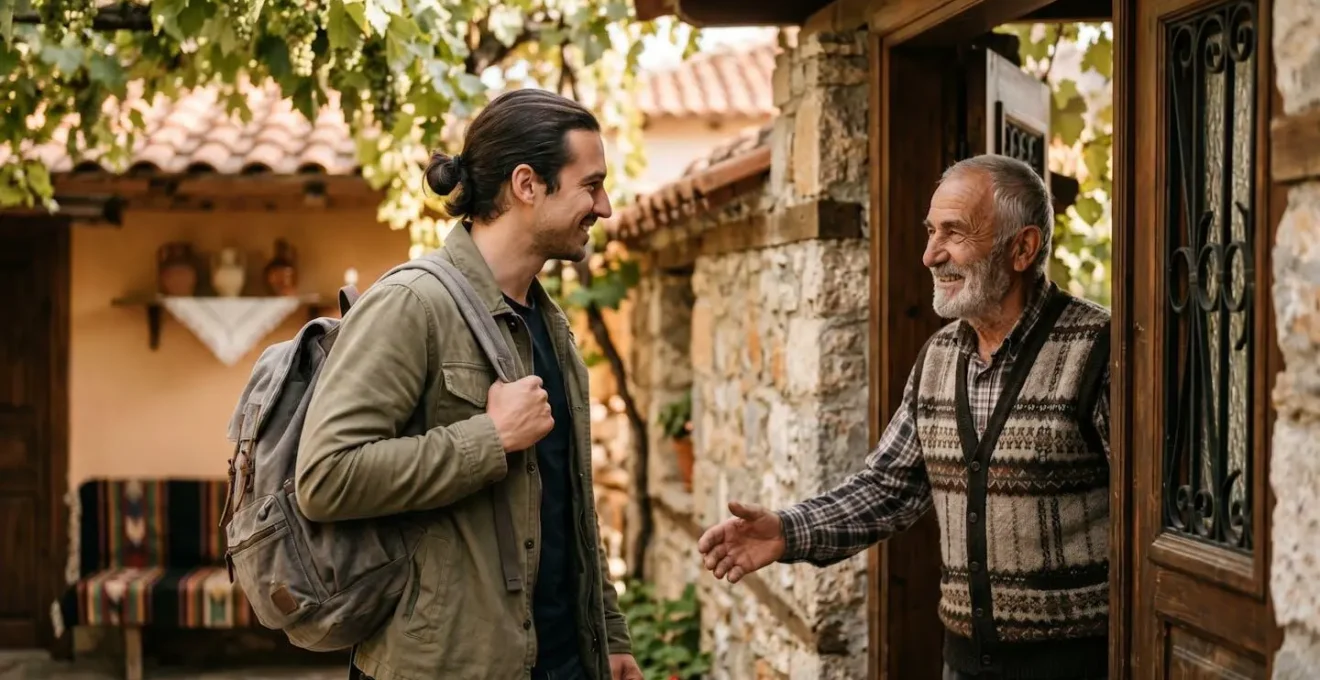 Solo traveler experiencing warm Macedonian welcome in traditional setting with authentic cultural interaction