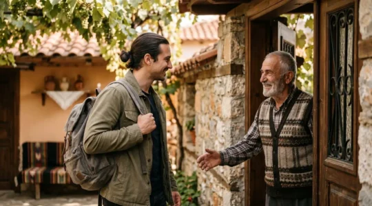 Solo traveler experiencing warm Macedonian welcome in traditional setting with authentic cultural interaction