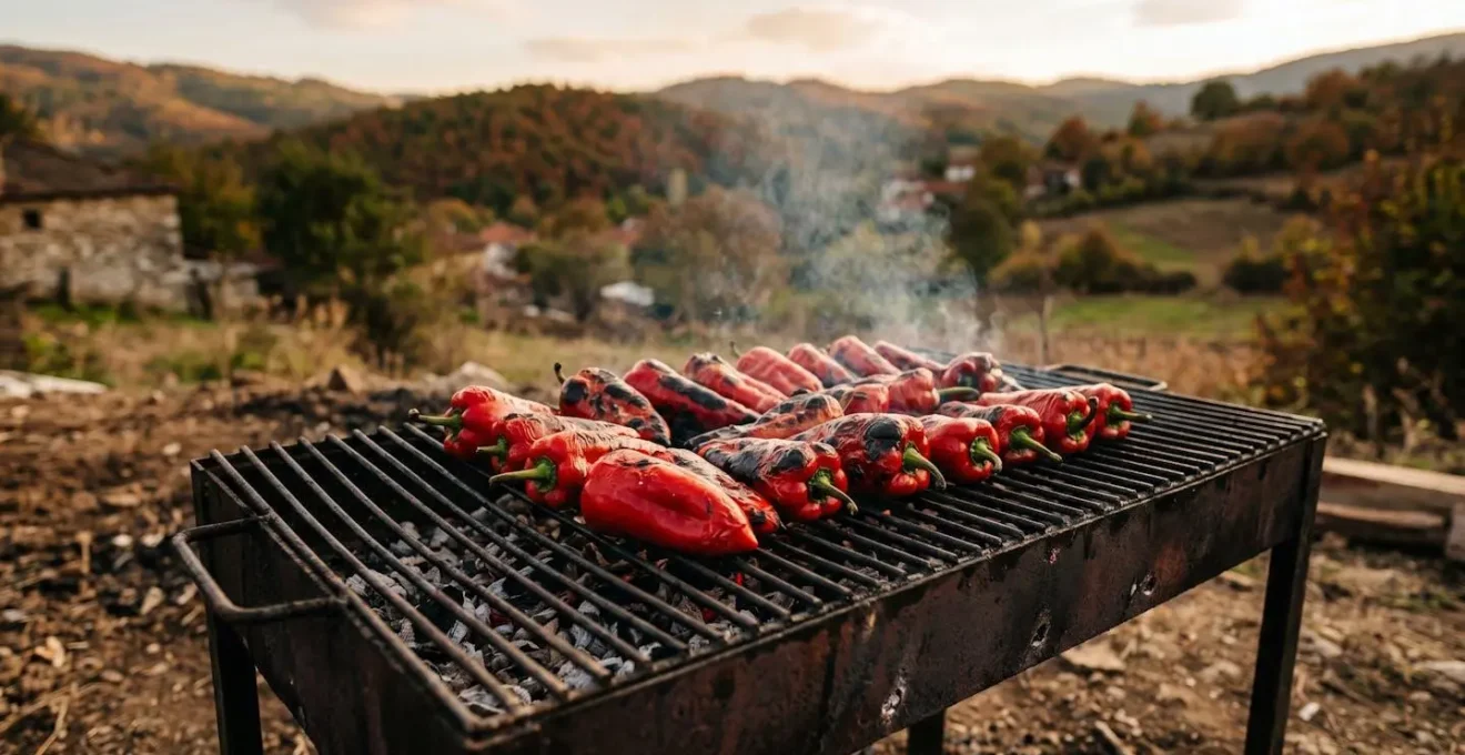 Vibrant red peppers roasting over an open flame with smoky atmosphere
