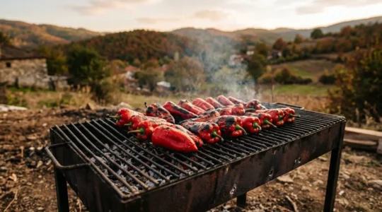 Vibrant red peppers roasting over an open flame with smoky atmosphere