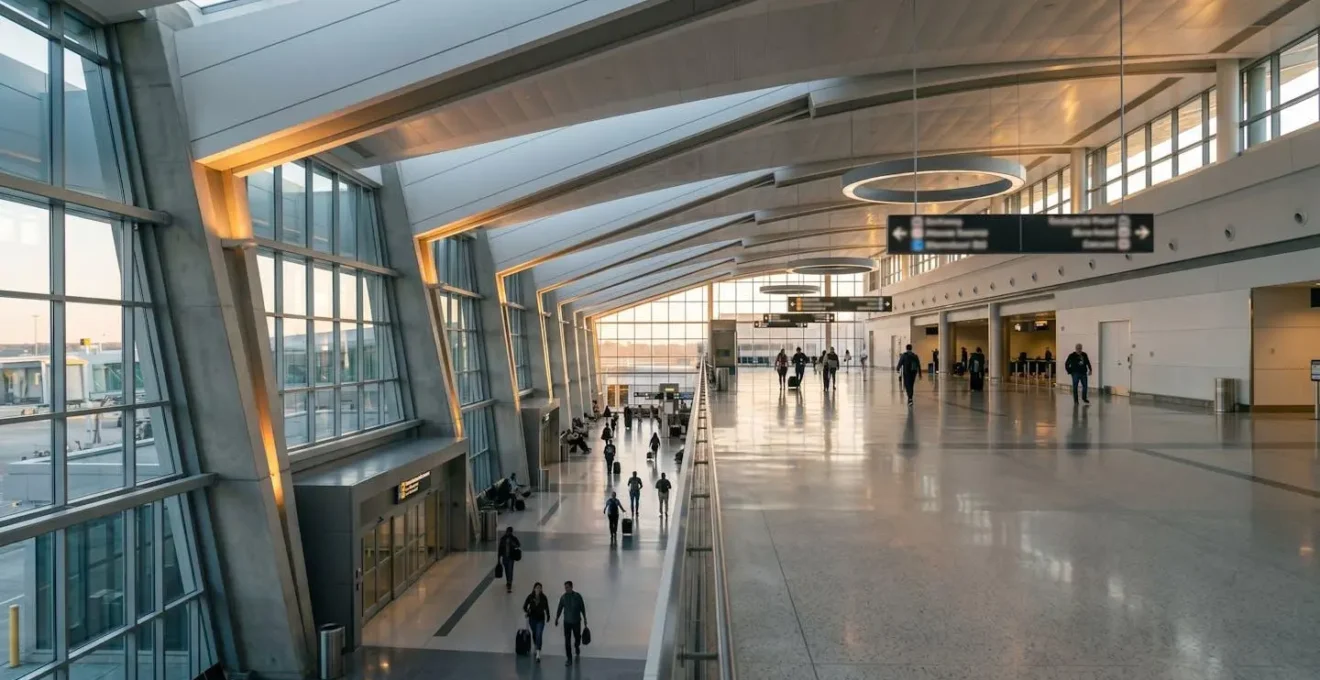 Modern airport terminal arrival hall with clear signage and natural lighting creating a welcoming atmosphere for first-time visitors