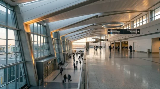 Modern airport terminal arrival hall with clear signage and natural lighting creating a welcoming atmosphere for first-time visitors