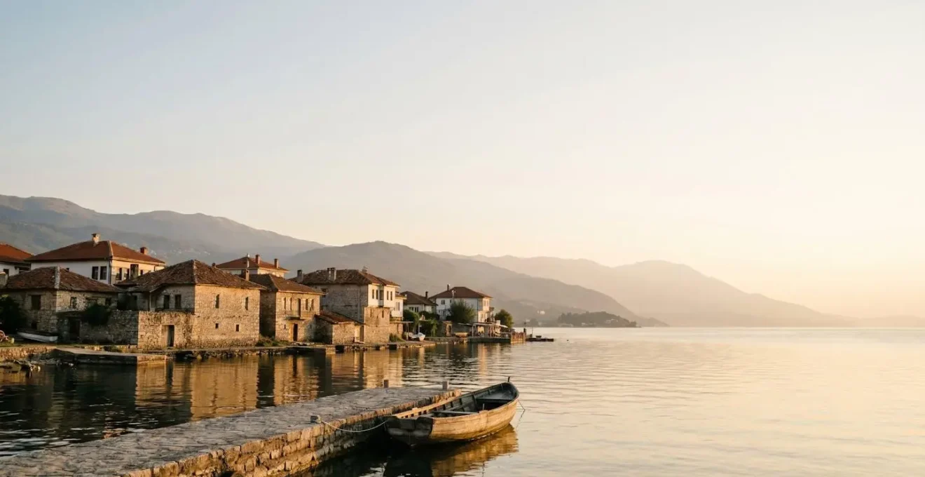Scenic view of Lake Ohrid with traditional Balkan architecture and mountain ranges in North Macedonia, wide editorial composition with natural lighting