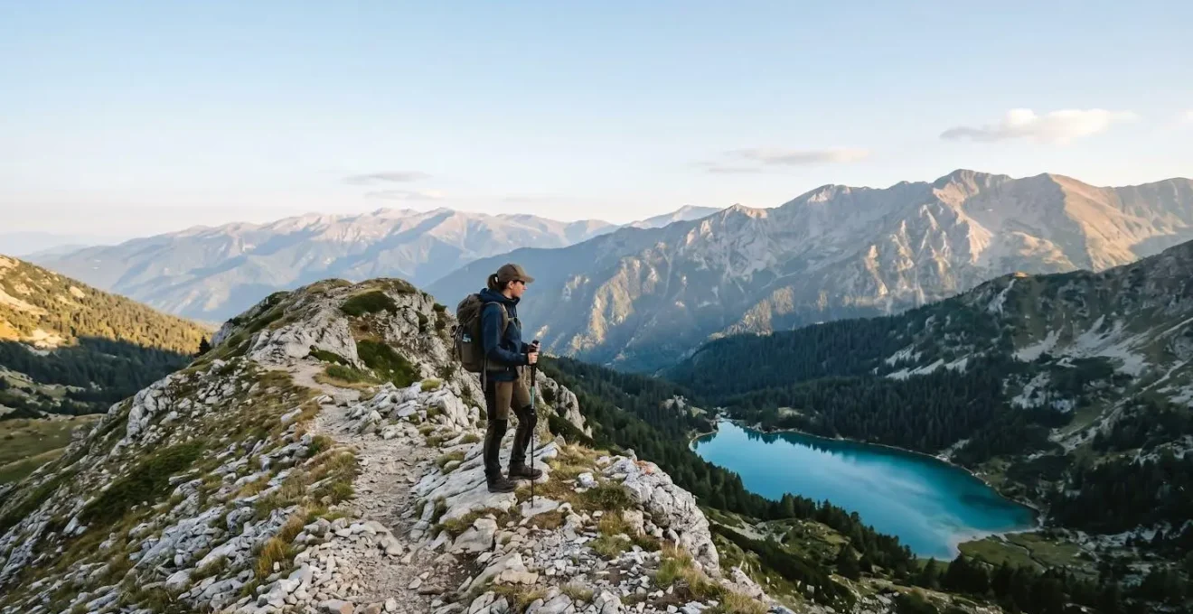 Hiker standing on mountain ridge overlooking pristine alpine lake in North Macedonia national park