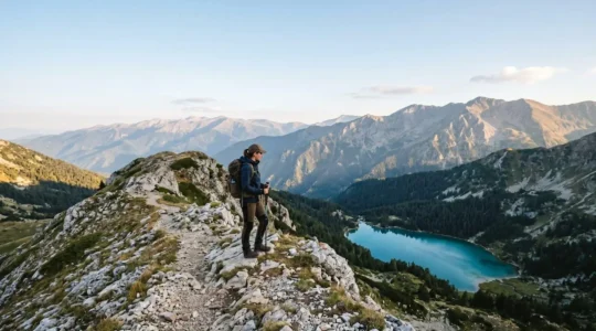 Hiker standing on mountain ridge overlooking pristine alpine lake in North Macedonia national park