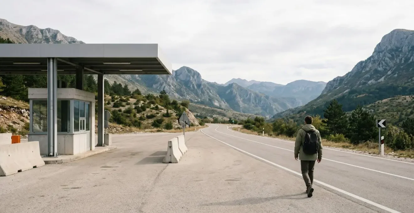 Wide angle view of traveler with backpack at border crossing checkpoint with mountains in background, natural daylight
