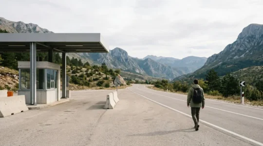 Wide angle view of traveler with backpack at border crossing checkpoint with mountains in background, natural daylight