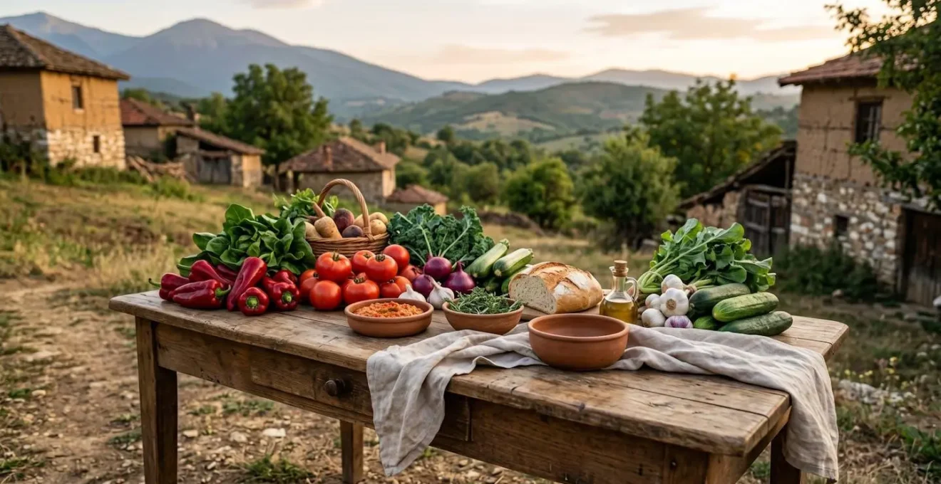 Rustic farm table with fresh organic vegetables and traditional Macedonian dishes overlooking mountain landscape