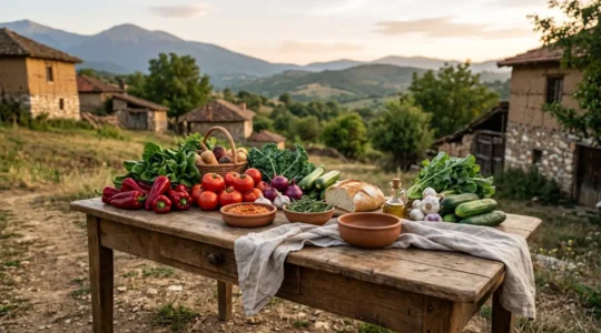 Rustic farm table with fresh organic vegetables and traditional Macedonian dishes overlooking mountain landscape