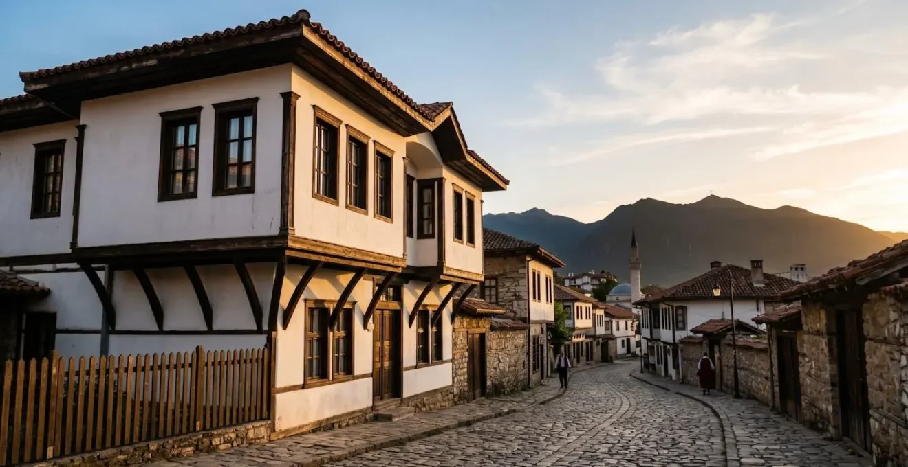 Colorful traditional Ottoman-era house with overhanging upper floor overlooking ancient stone streets in historic Macedonian old town